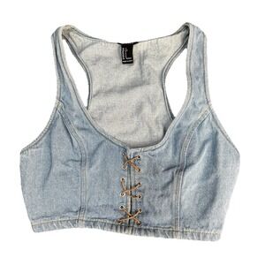 Forever 21 Light Wash western Denim Vest Tank Top Bra Sz Sm side‎ zip tie front